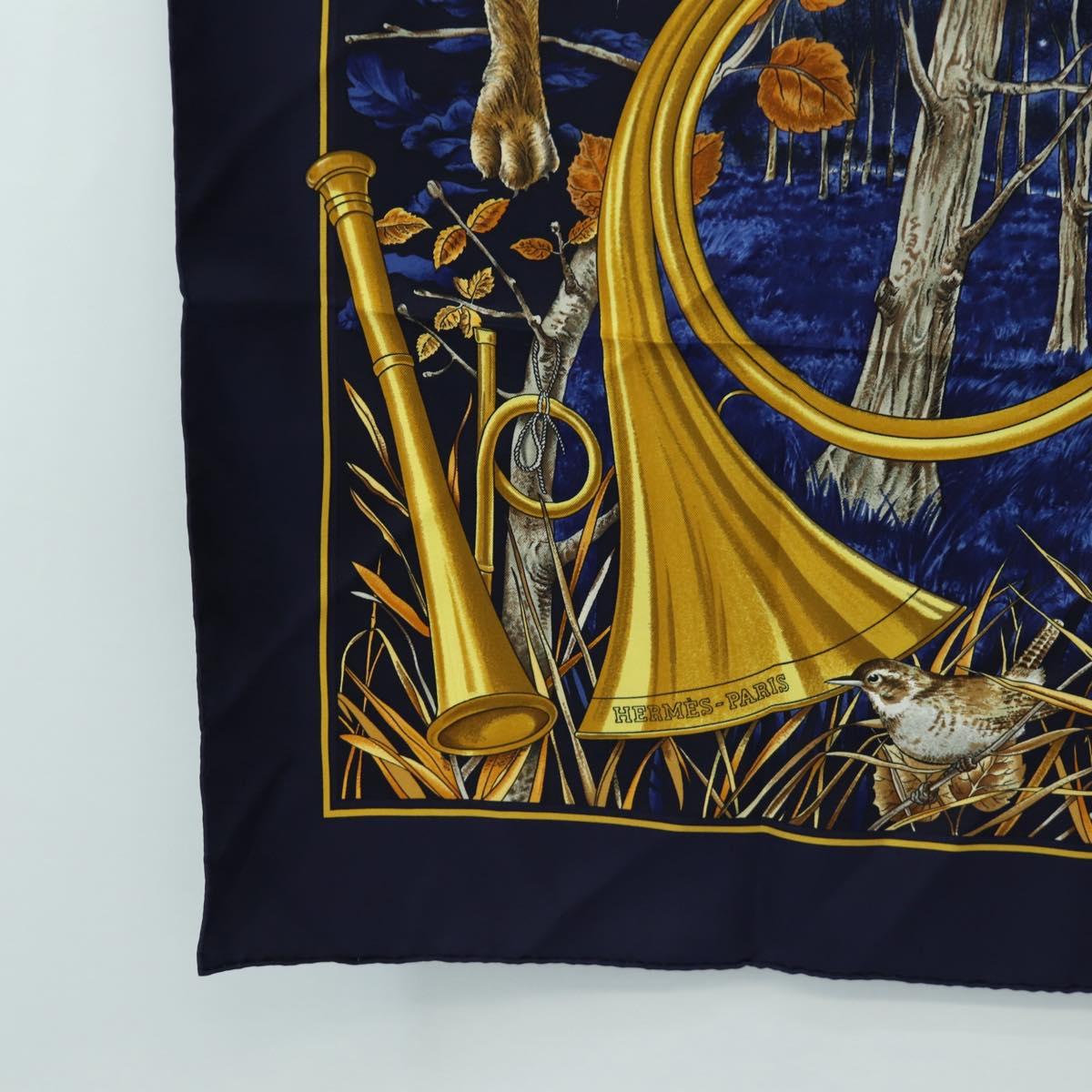 HERMES Carre 90 Scarf ""CHASSE au BOIS"" Silk Navy Auth yk20604M