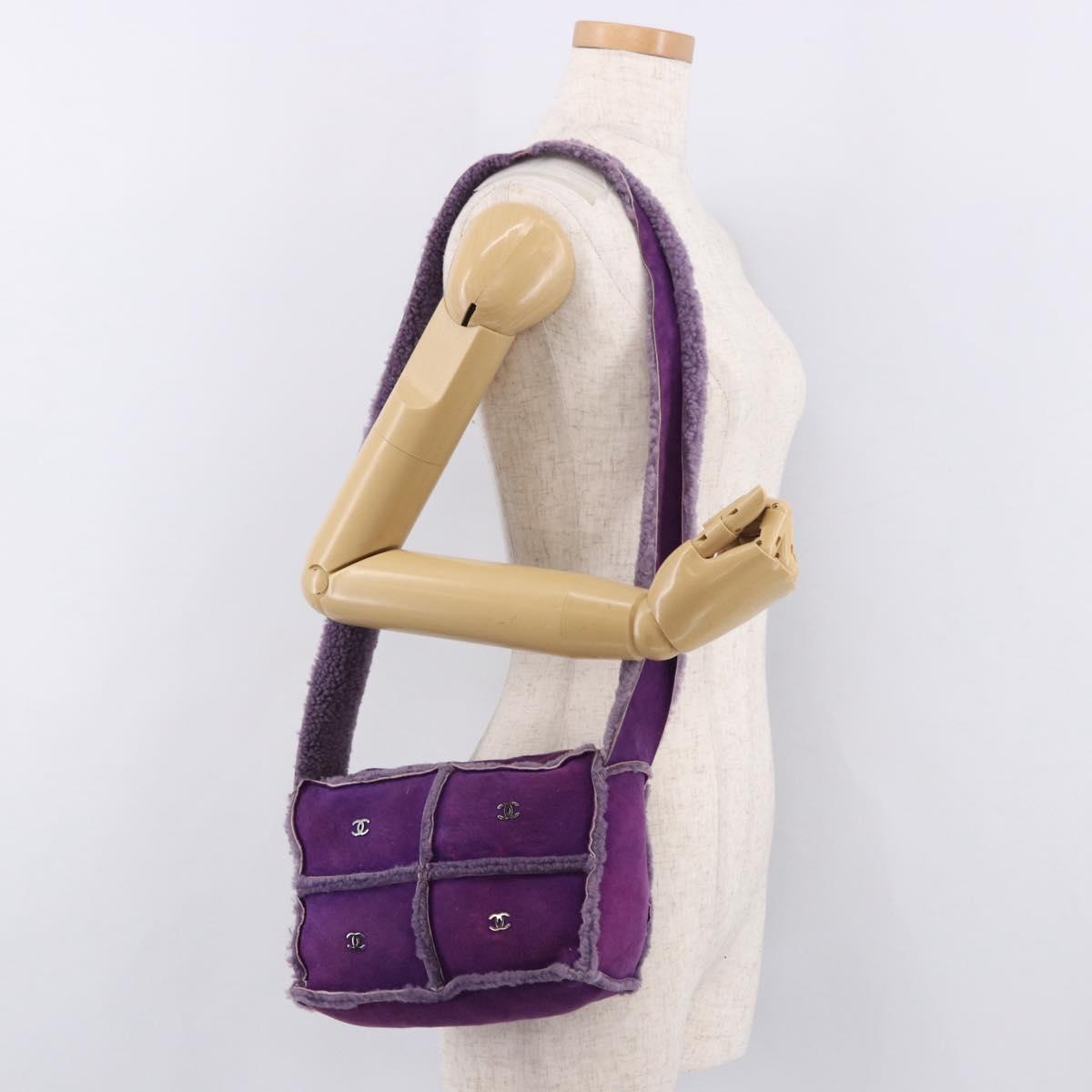 CHANEL Choco Bar Shoulder Bag Mouton Purple Silver CC Auth yk20610A
