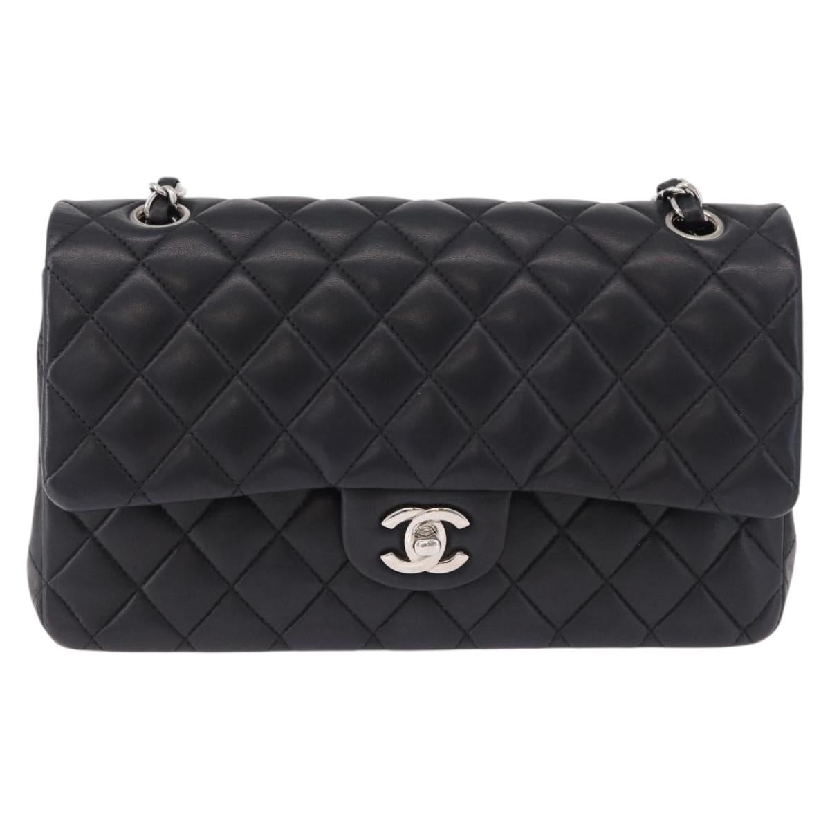 CHANEL Chain Matelasse 25 Shoulder Bag Lamb Skin Black Silver CC Auth yk20611SM