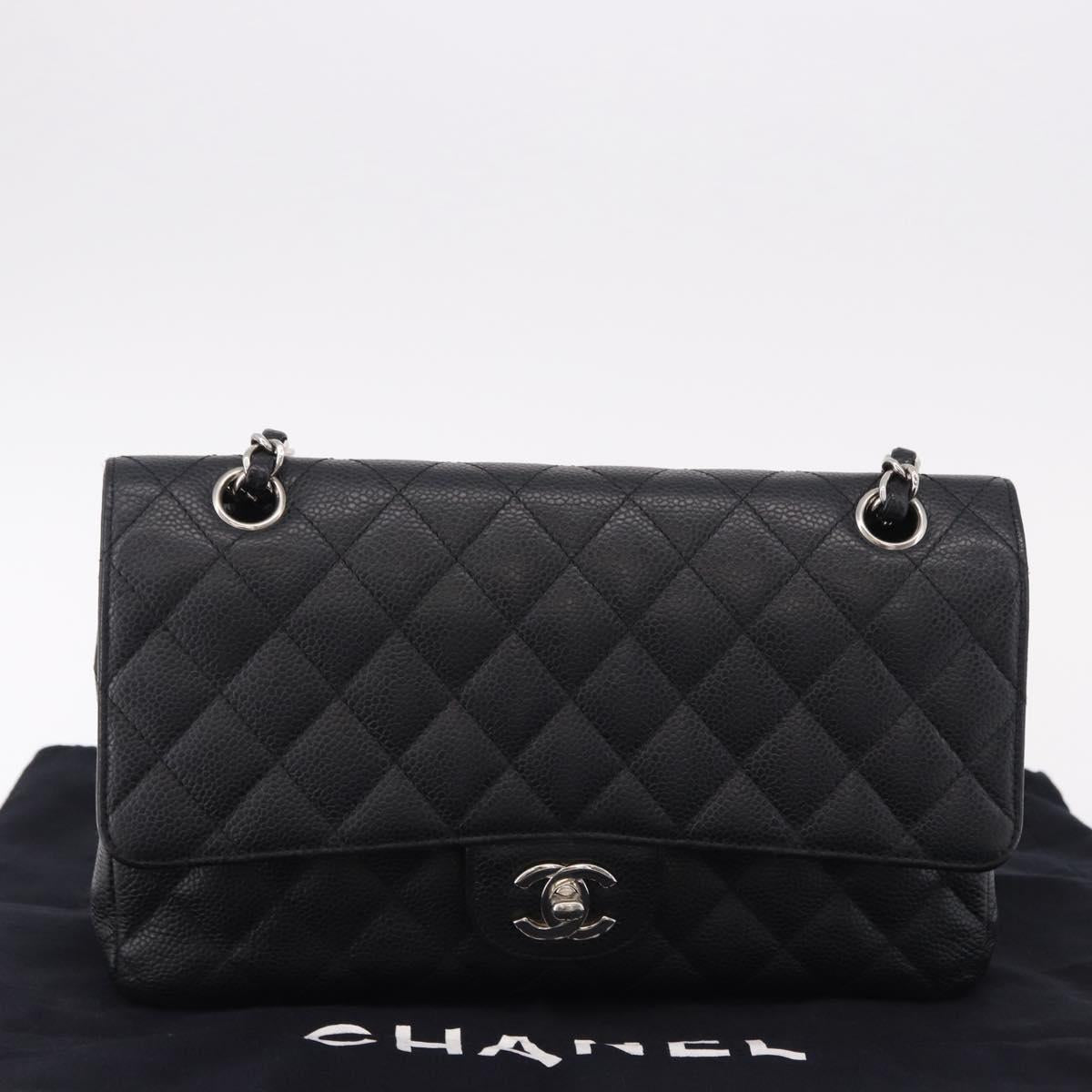 CHANEL Chain Matelasse 25 Bag Caviar Skin Black Silver CC Auth yk20613SM