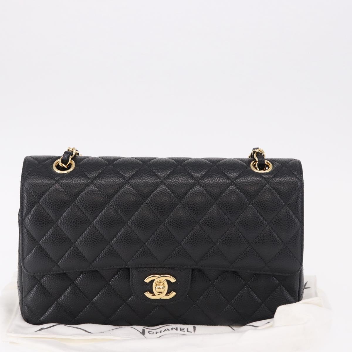 CHANEL Chain Matelasse 25 Shoulder Bag Caviar Skin Black Gold CC Auth yk20614SM