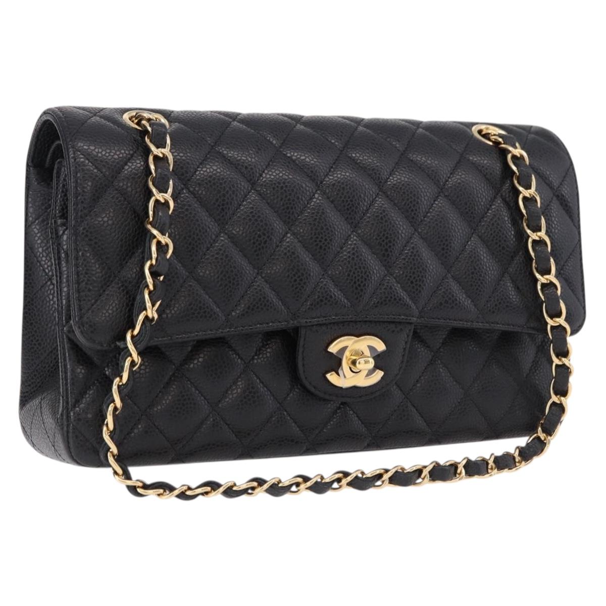 CHANEL Chain Matelasse 25 Shoulder Bag Caviar Skin Black Gold CC Auth yk20615SM