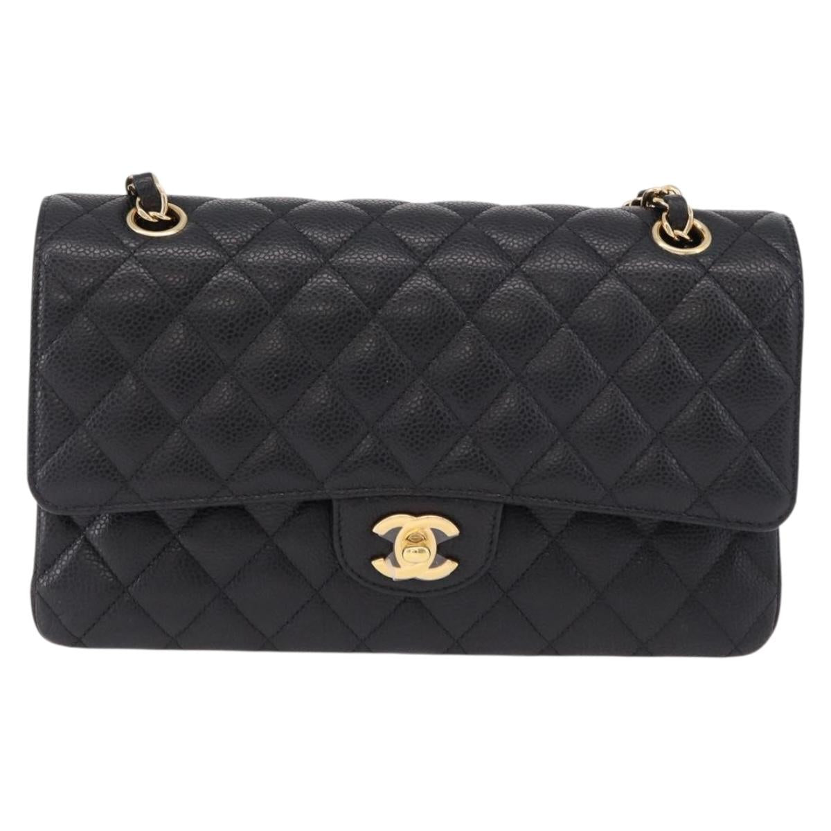 CHANEL Chain Matelasse 25 Shoulder Bag Caviar Skin Black Gold CC Auth yk20615SM