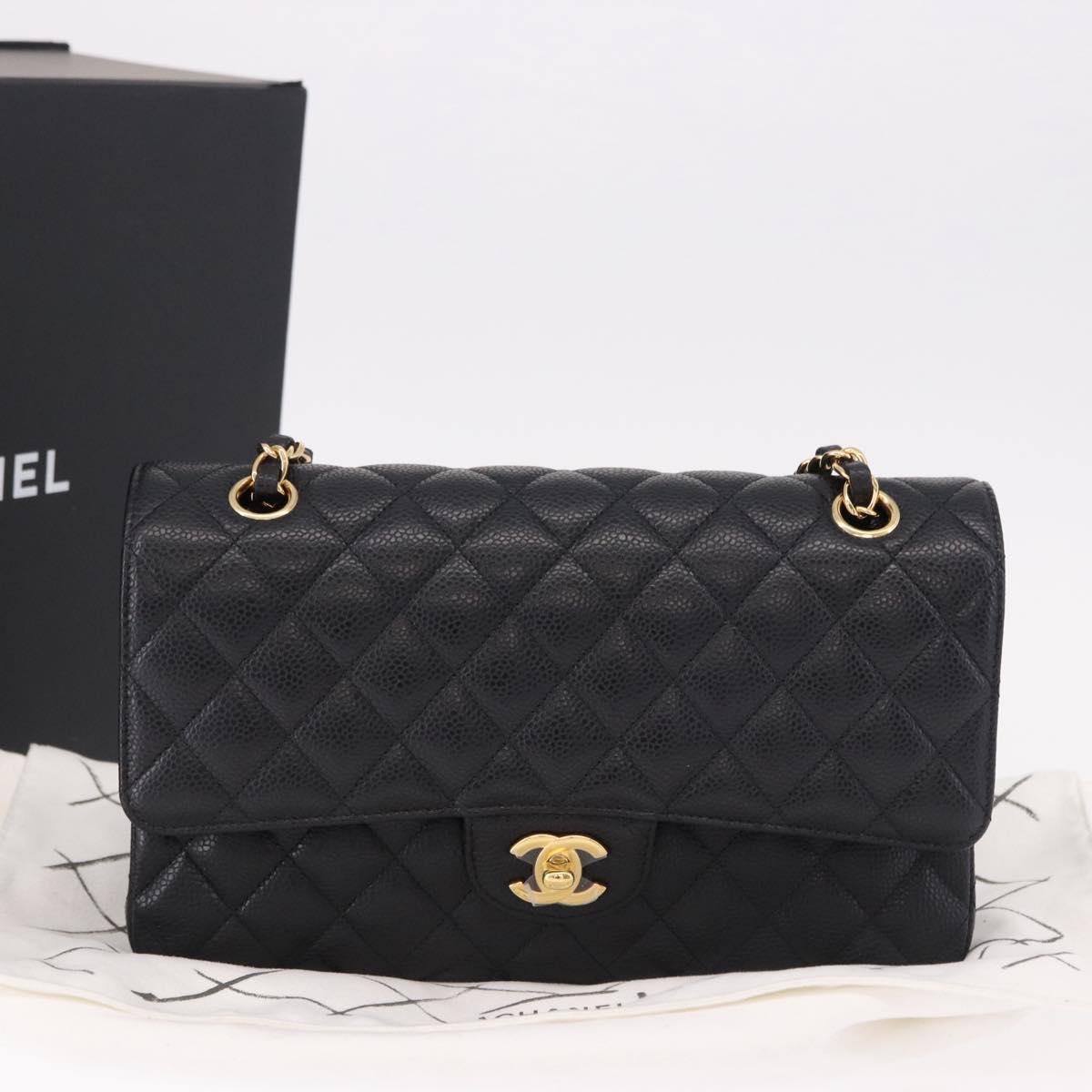 CHANEL Chain Matelasse 25 Shoulder Bag Caviar Skin Black Gold CC Auth yk20615SM