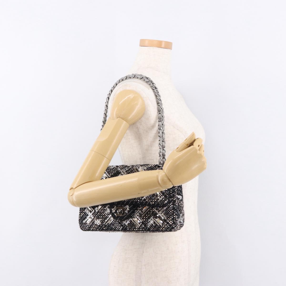 CHANEL beads Chain Matelasse 25 Bag Tweed Black Silver CC Auth yk20617SM
