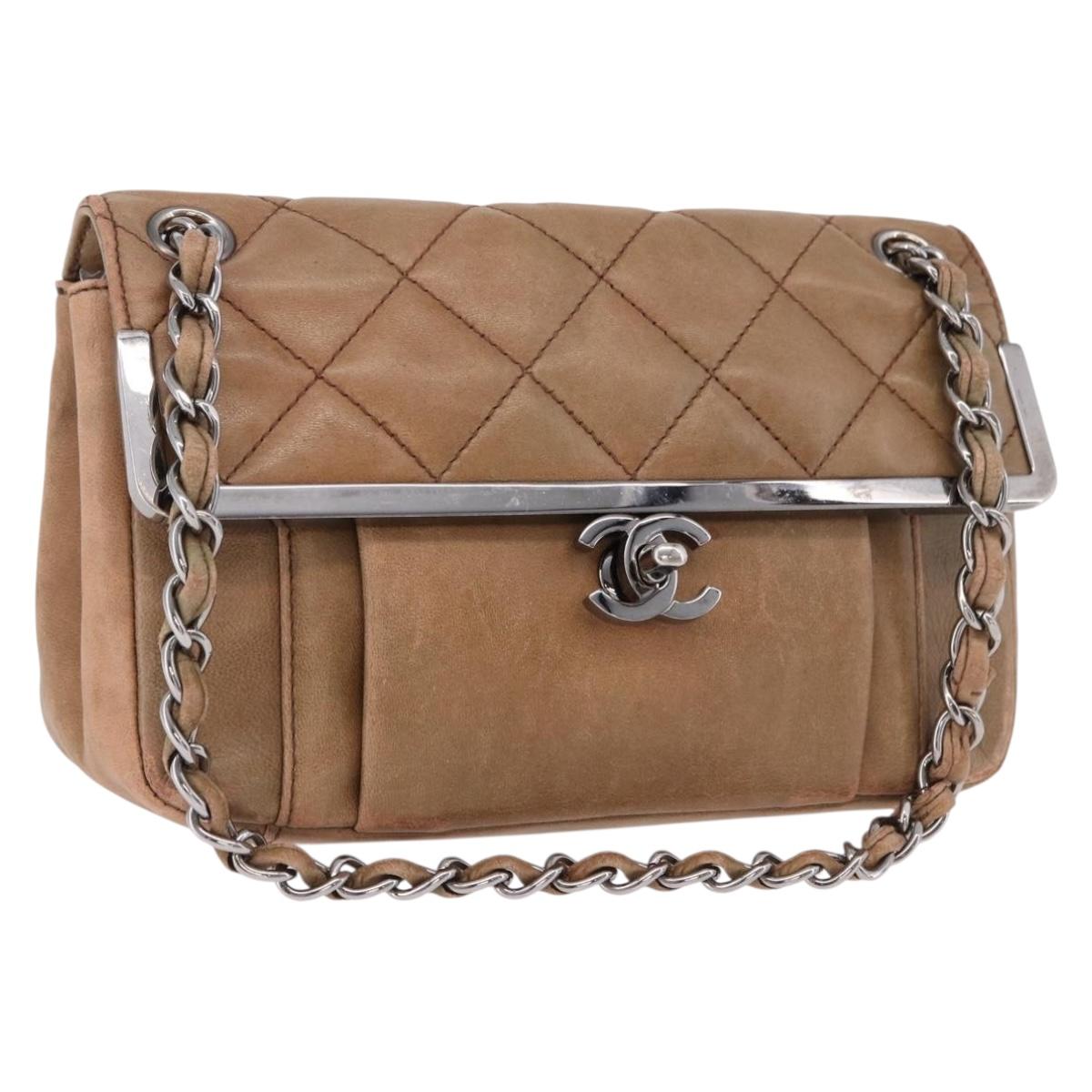 CHANEL Matelasse Chain Hand Bag Lamb Skin Brown Silver CC Auth yk20623A