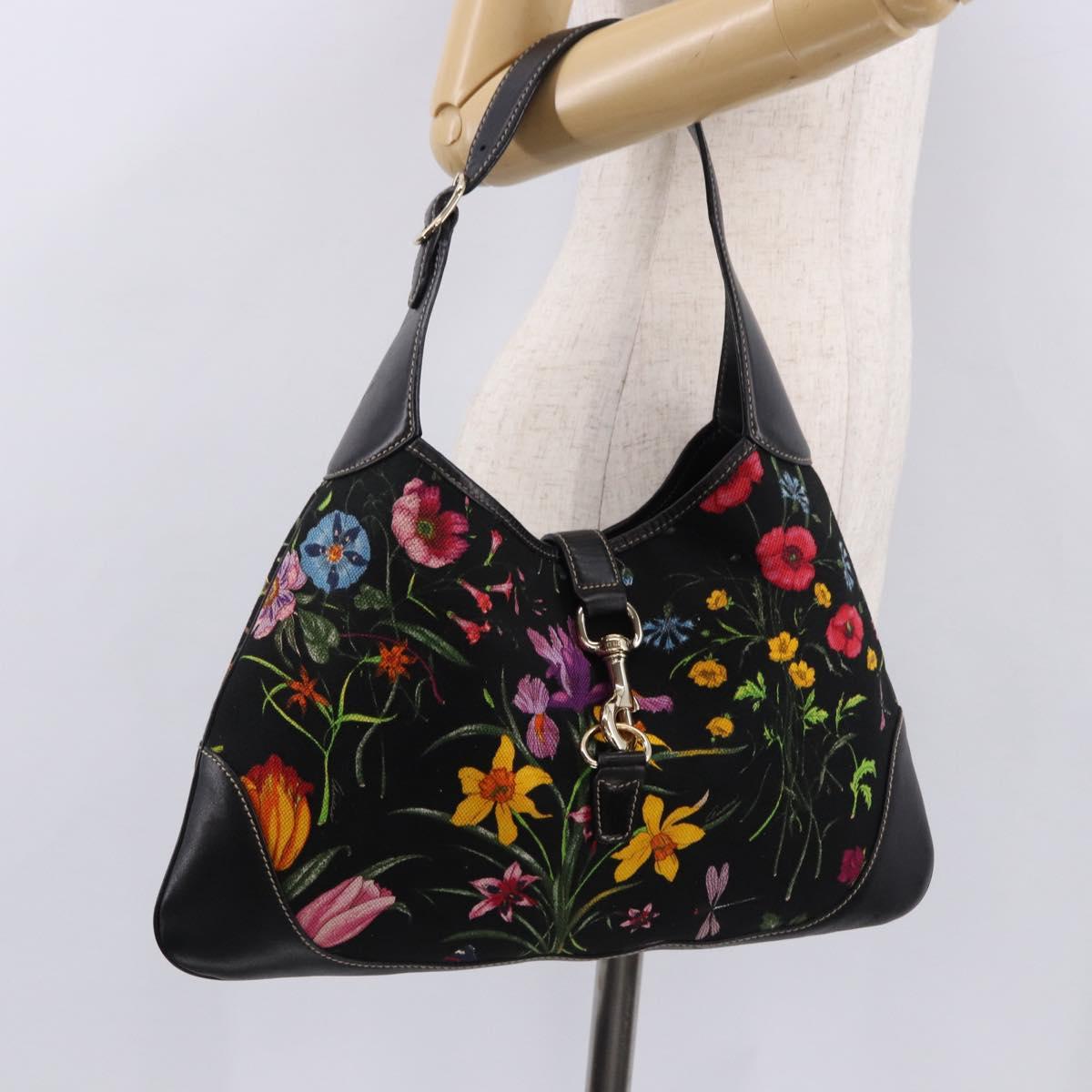 GUCCI Jackie Flora Shoulder Bag Canvas Black Gold 153029 Auth yk20625SAV