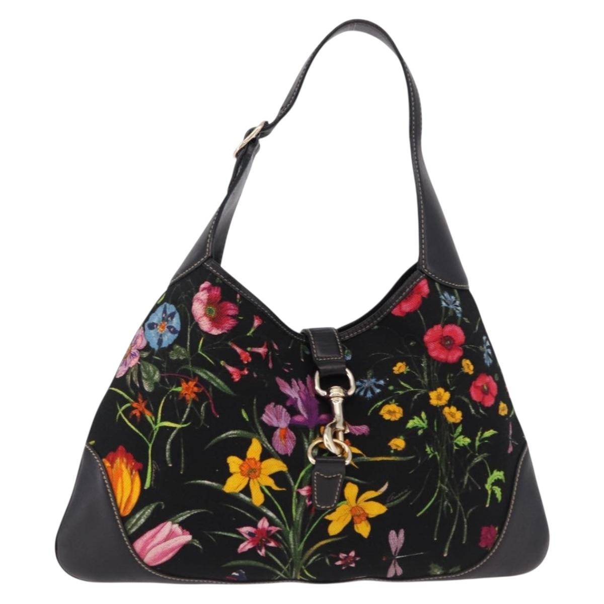 GUCCI Jackie Flora Shoulder Bag Canvas Black Gold 153029 Auth yk20625SAV