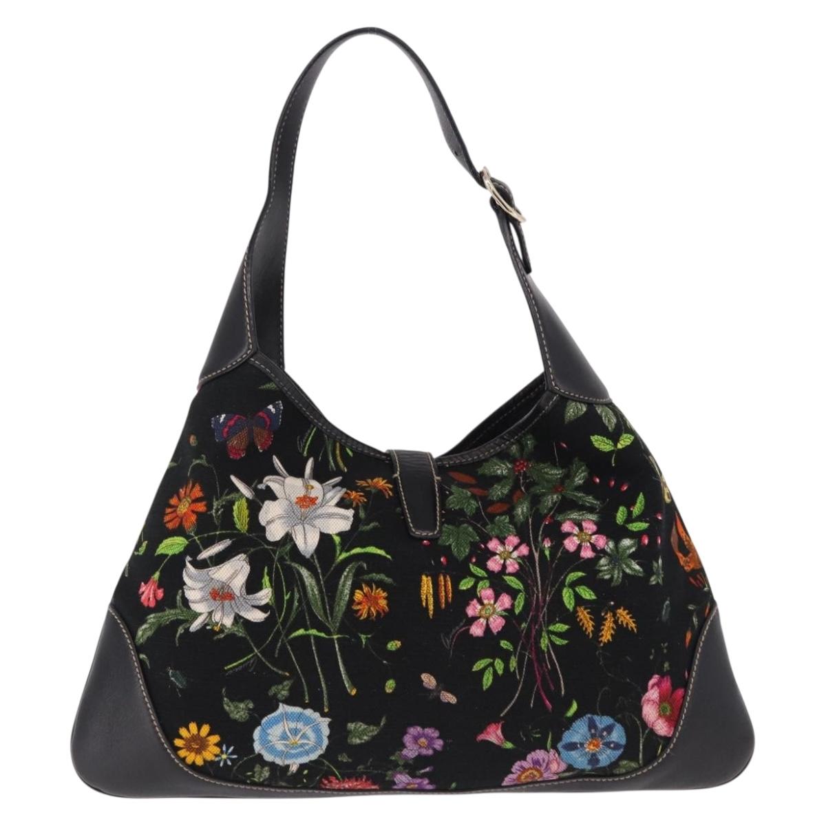 GUCCI Jackie Flora Shoulder Bag Canvas Black Gold 153029 Auth yk20625SAV