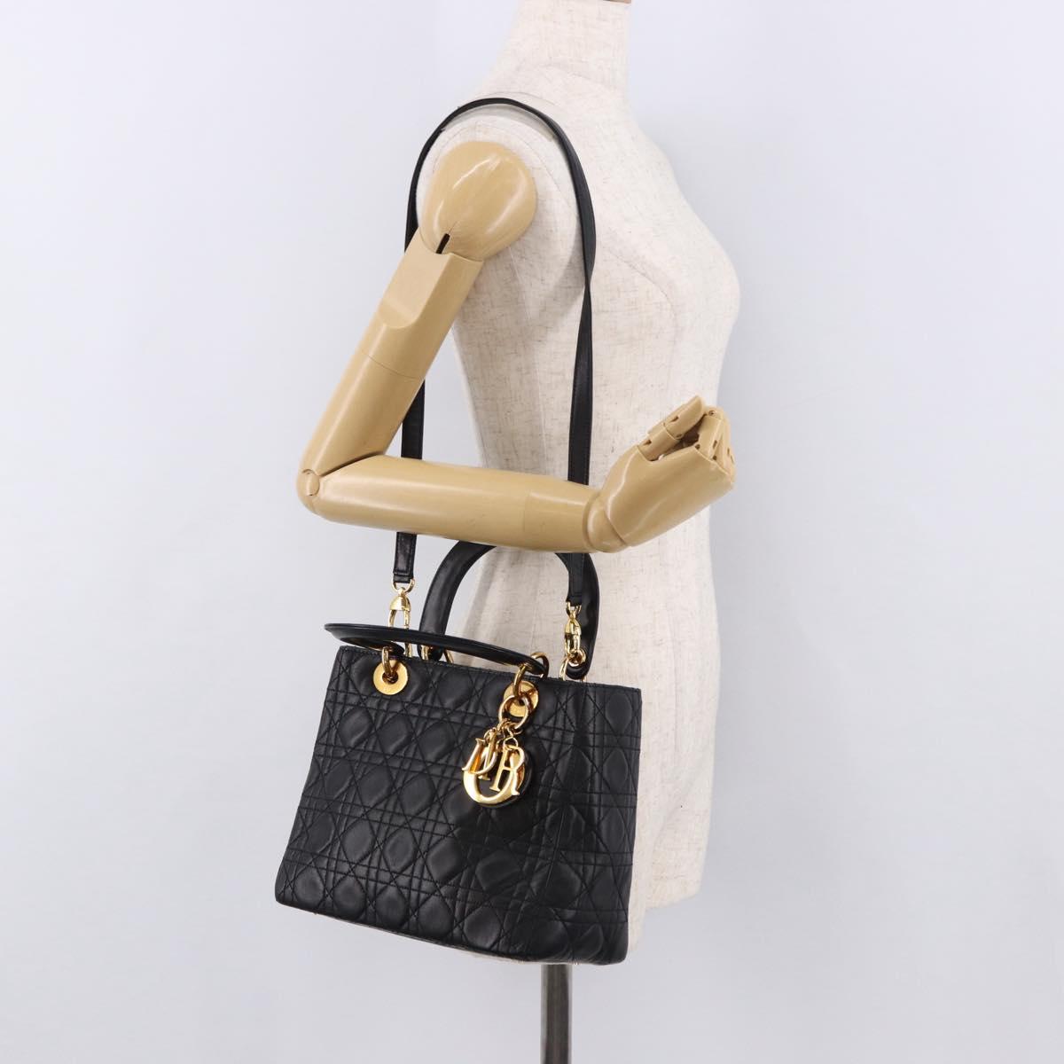 Christian Dior Canage Hand Bag Lamb Skin Black Gold Auth yk20628SAM