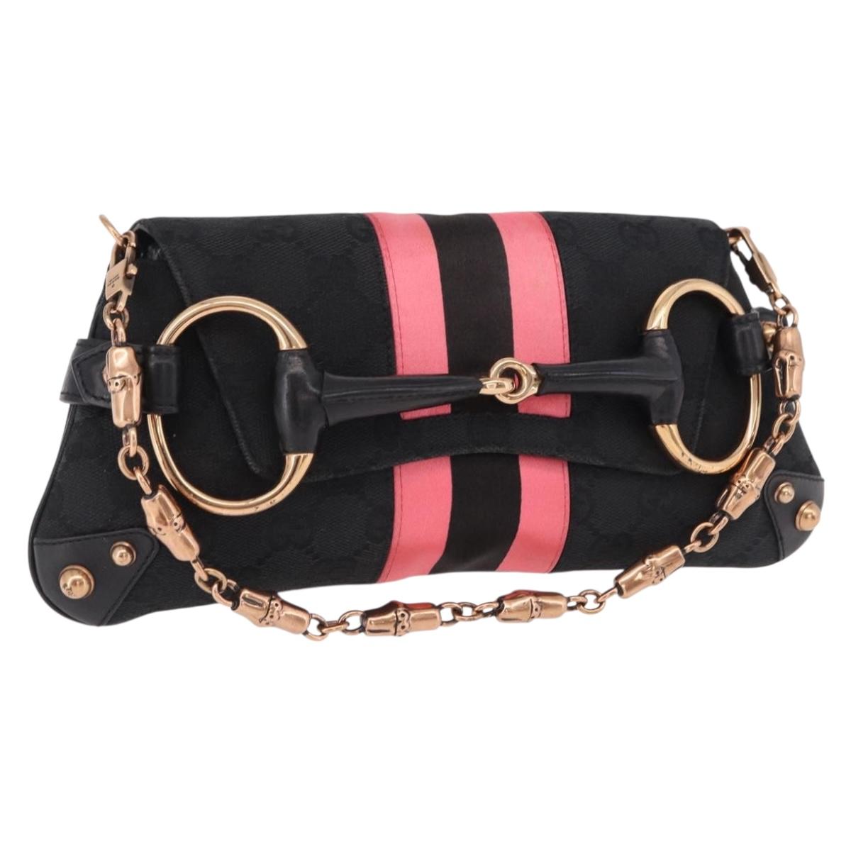 GUCCI GG Canvas Bamboo Chain Horsebit Hand Bag Black Gold 129497 Auth yk20630SAM