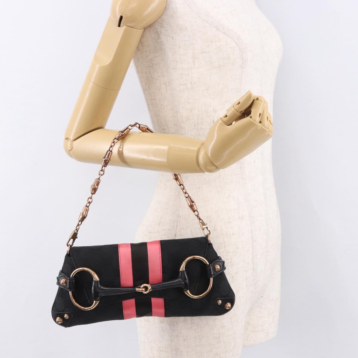 GUCCI GG Canvas Bamboo Chain Horsebit Hand Bag Black Gold 129497 Auth yk20630SAM
