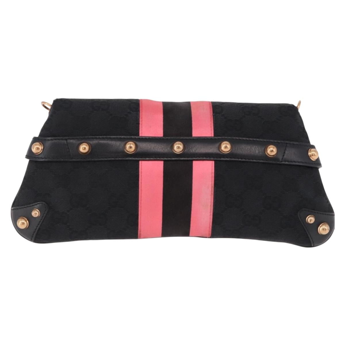 GUCCI GG Canvas Bamboo Chain Horsebit Hand Bag Black Gold 129497 Auth yk20630SAM