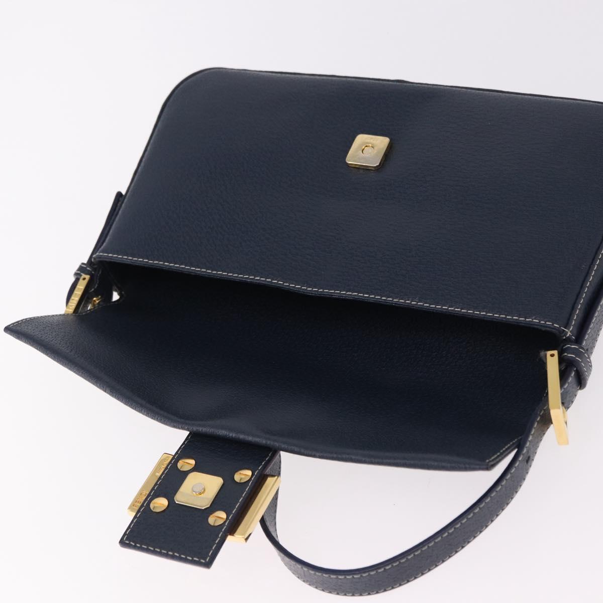 FENDI Mamma Baguette Shoulder Bag Leather Navy Gold Auth yk20632SAM