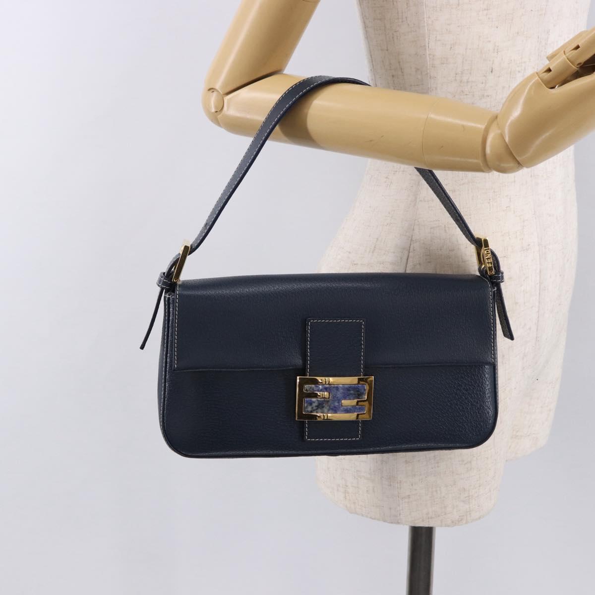 FENDI Mamma Baguette Shoulder Bag Leather Navy Gold Auth yk20632SAM
