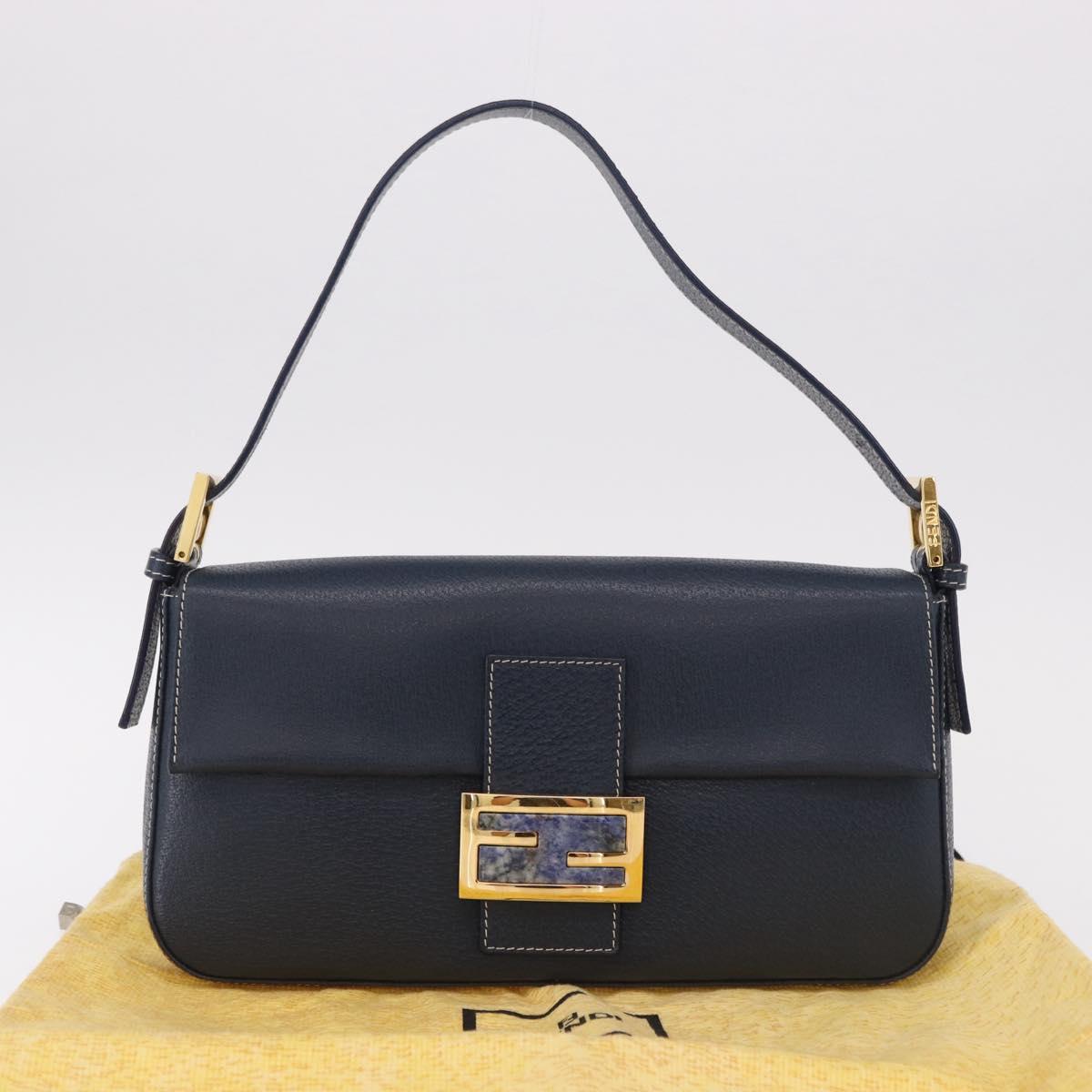 FENDI Mamma Baguette Shoulder Bag Leather Navy Gold Auth yk20632SAM