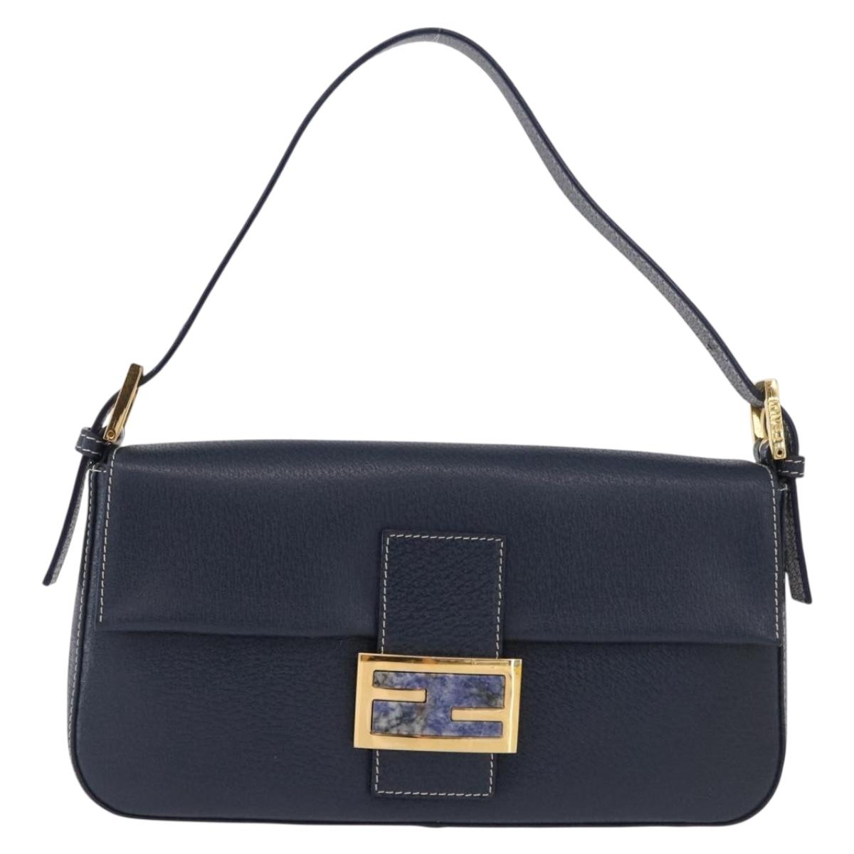 FENDI Mamma Baguette Shoulder Bag Leather Navy Gold Auth yk20632SAM