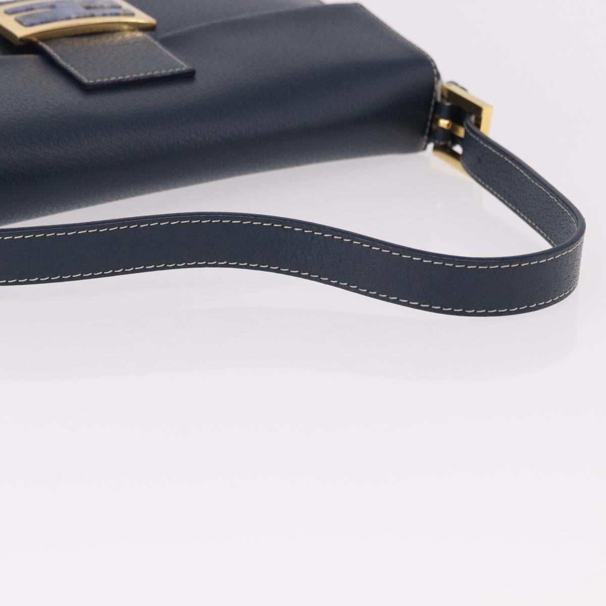 FENDI Mamma Baguette Shoulder Bag Leather Navy Gold Auth yk20632SAM