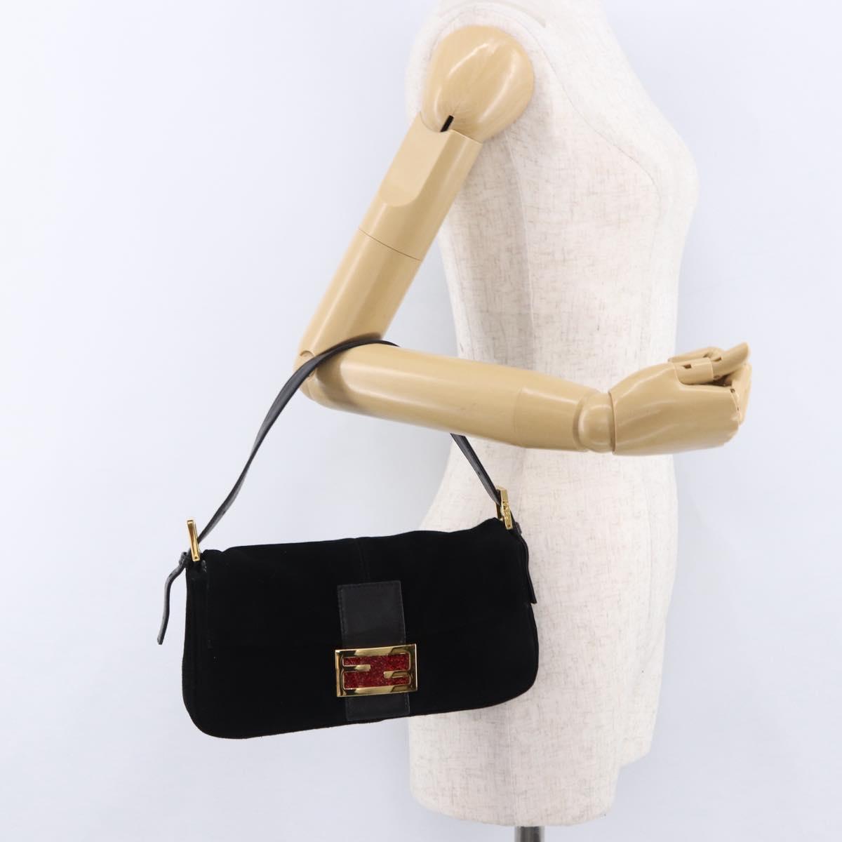 FENDI Mamma Baguette Shoulder Bag Suede Black Gold Tone Auth yk20635SAM