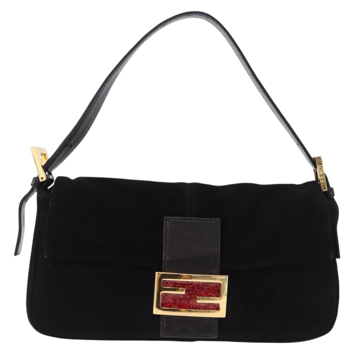 FENDI Mamma Baguette Shoulder Bag Suede Black Gold Tone Auth yk20635SAM
