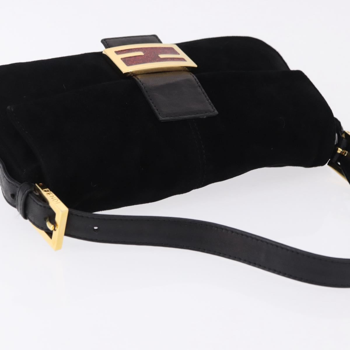 FENDI Mamma Baguette Shoulder Bag Suede Black Gold Tone Auth yk20635SAM