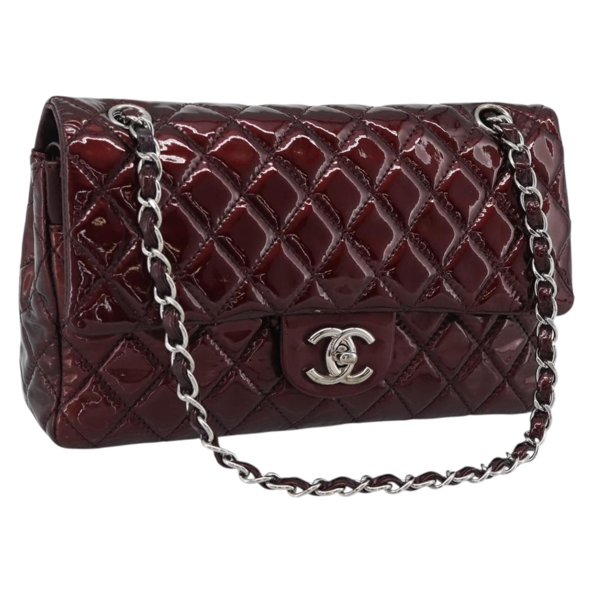 CHANEL Matelasse 25 Chain Hand Bag Patent Bordeaux Silver CC Auth yk20637SAM