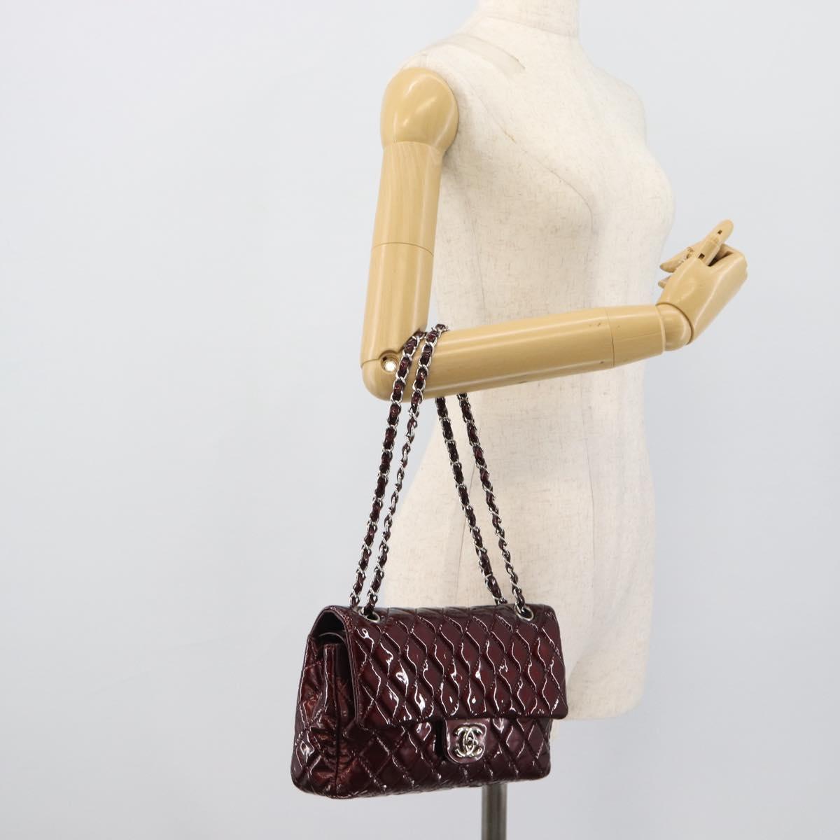 CHANEL Matelasse 25 Chain Hand Bag Patent Bordeaux Silver CC Auth yk20637SAM