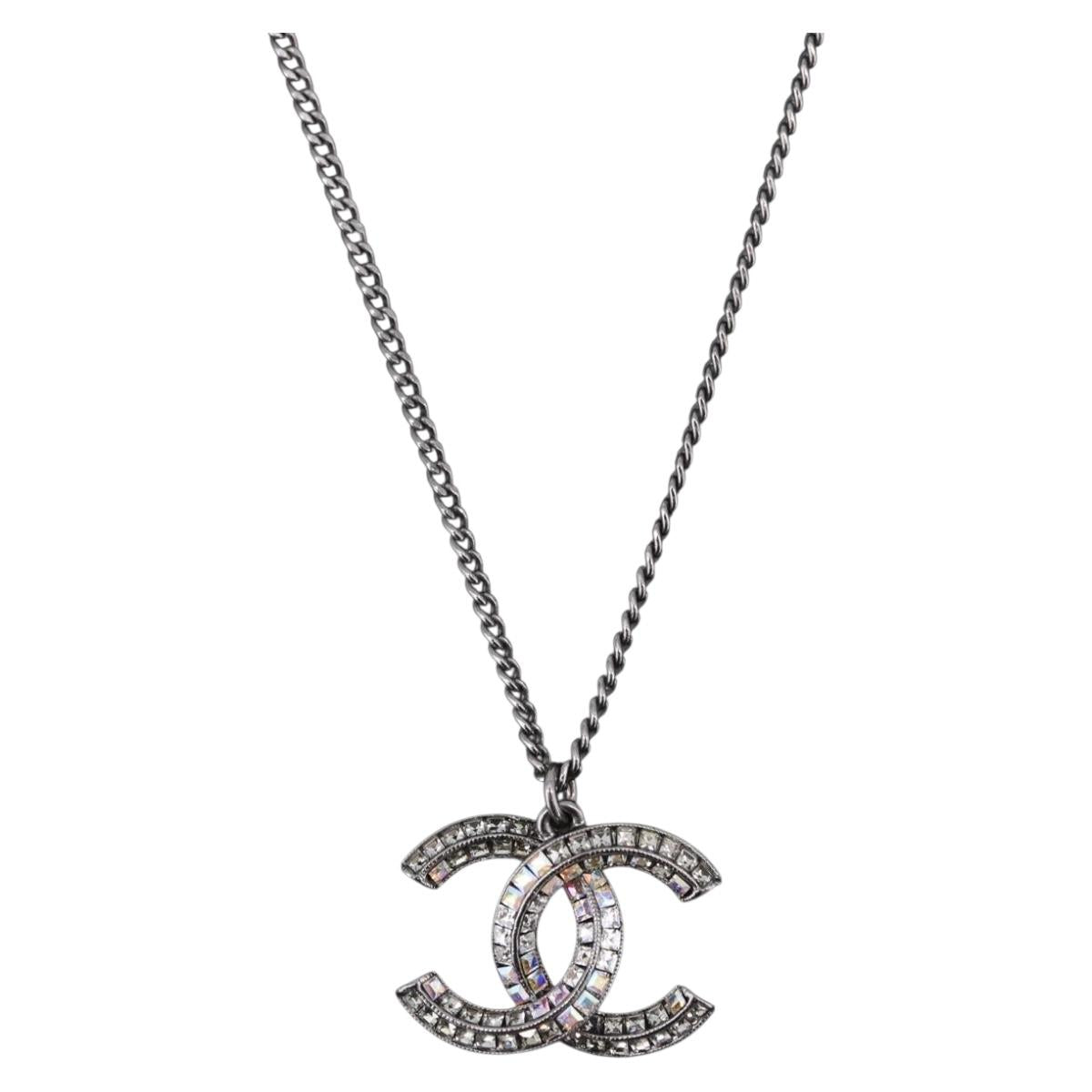 CHANEL COCO Mark Stone Necklace Metal Silver CC Auth yk20638M