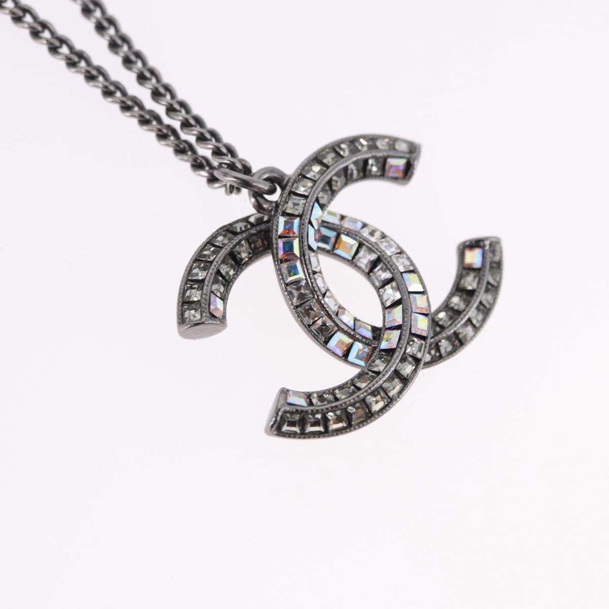 CHANEL COCO Mark Stone Necklace Metal Silver CC Auth yk20638M