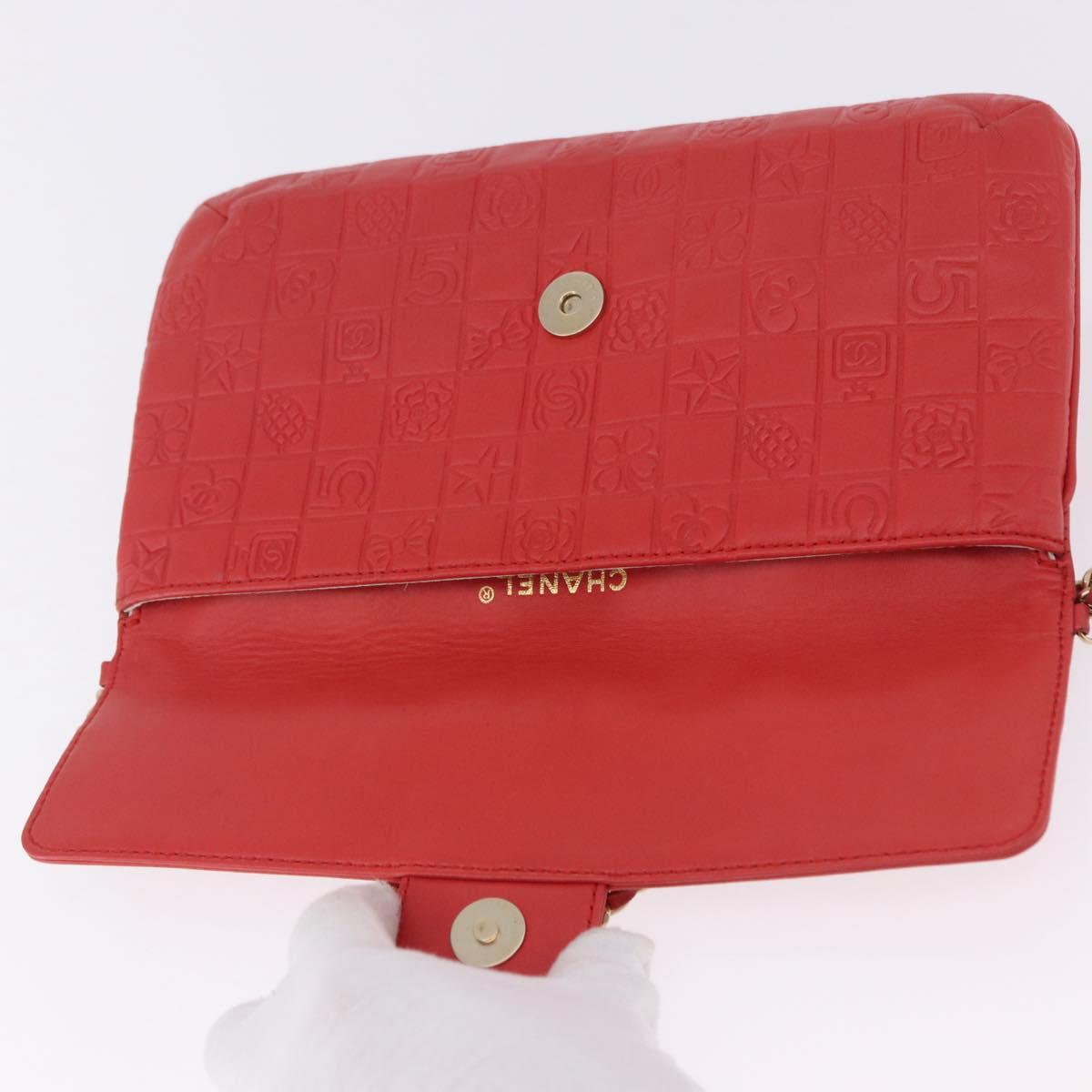 CHANEL Icon Chain Shoulder Bag Lamb Skin Red Gold Tone CC Auth yk20652SAV