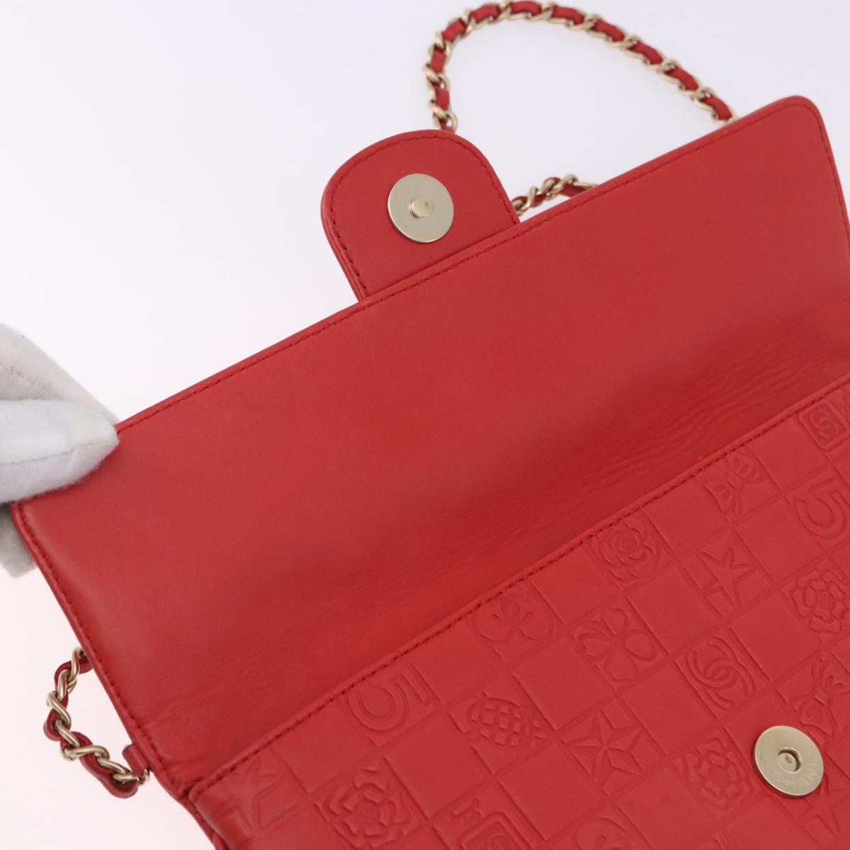 CHANEL Icon Chain Shoulder Bag Lamb Skin Red Gold Tone CC Auth yk20652SAV