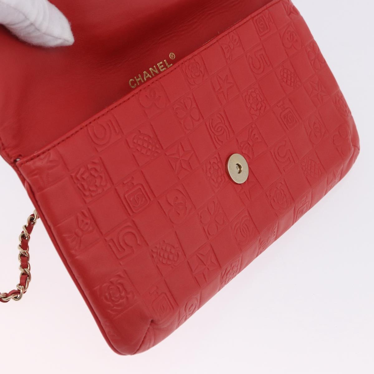 CHANEL Icon Chain Shoulder Bag Lamb Skin Red Gold Tone CC Auth yk20652SAV