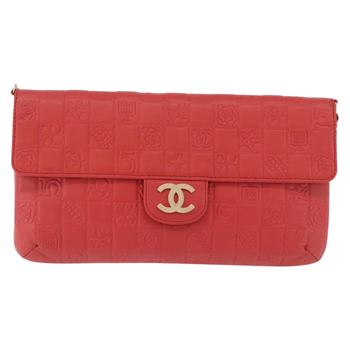 CHANEL Icon Chain Shoulder Bag Lamb Skin Red Gold Tone CC Auth yk20652SAV