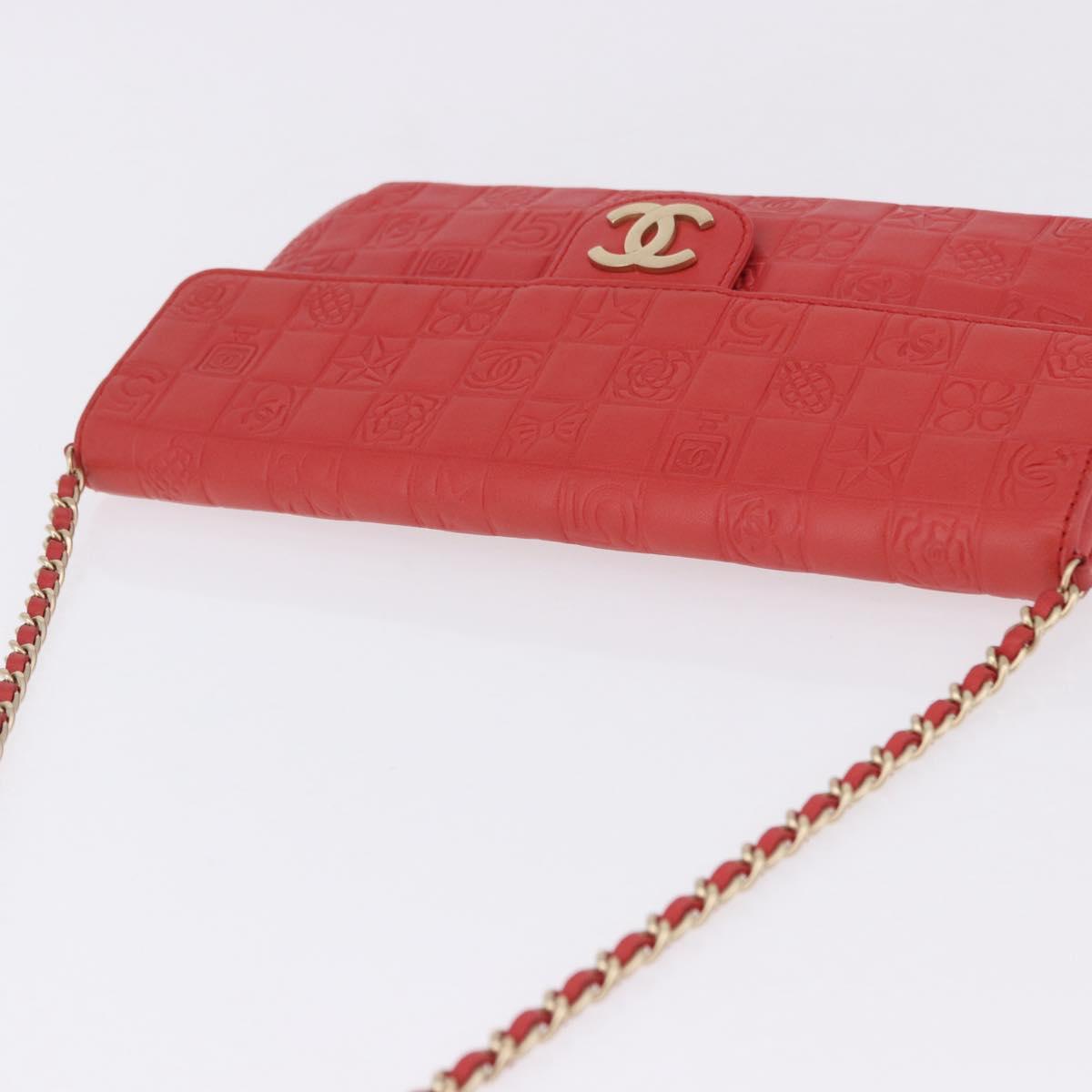 CHANEL Icon Chain Shoulder Bag Lamb Skin Red Gold Tone CC Auth yk20652SAV