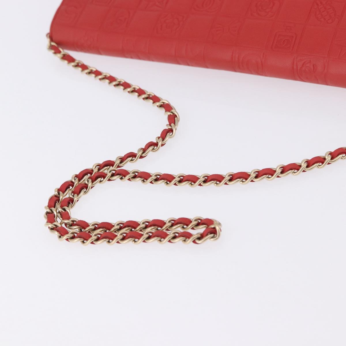 CHANEL Icon Chain Shoulder Bag Lamb Skin Red Gold Tone CC Auth yk20652SAV