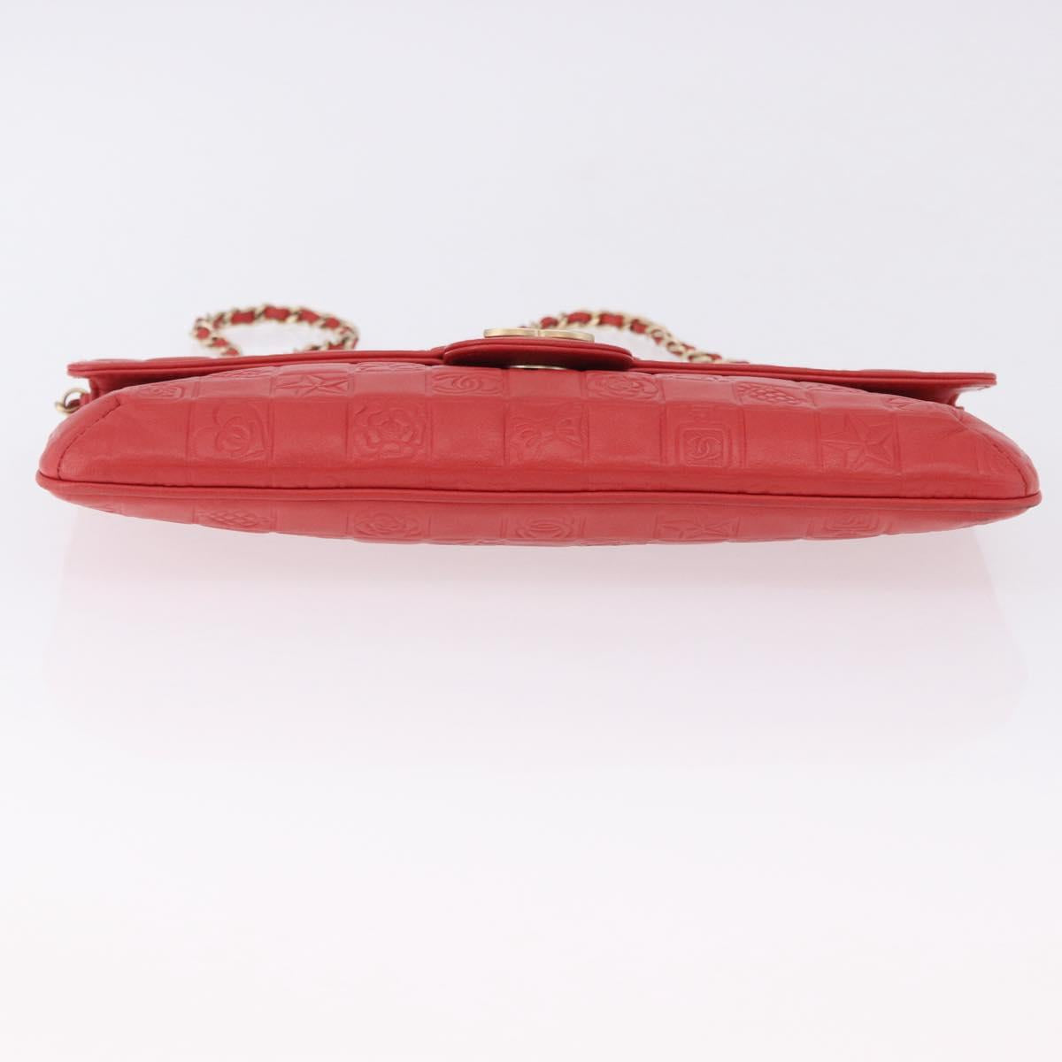 CHANEL Icon Chain Shoulder Bag Lamb Skin Red Gold Tone CC Auth yk20652SAV