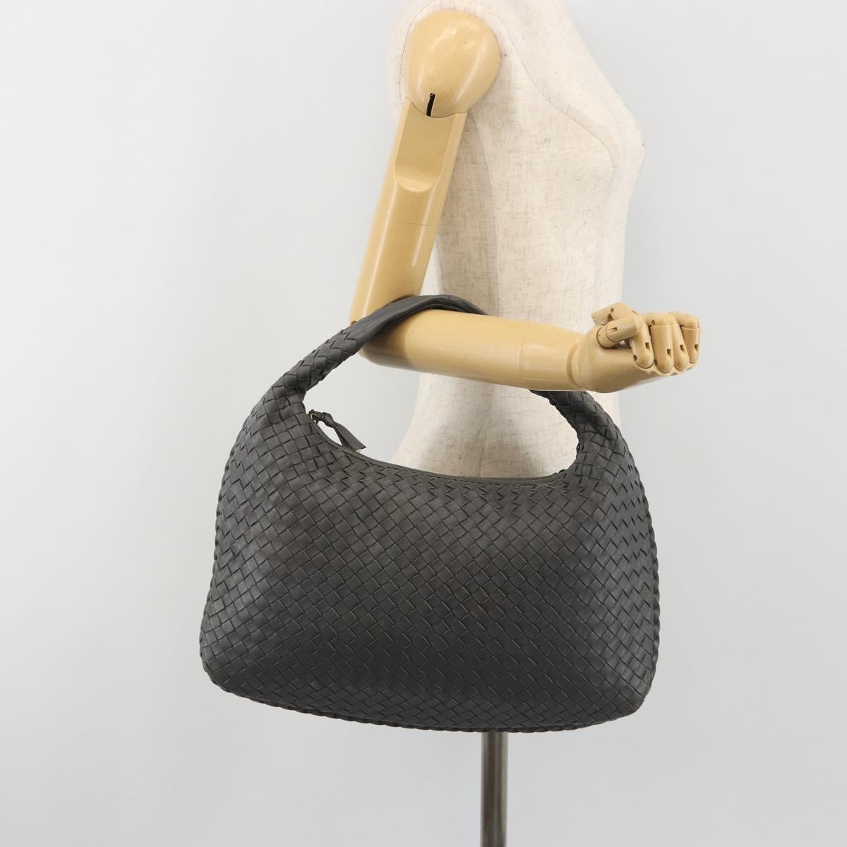 BOTTEGA VENETA INTRECCIATO Hobo Shoulder Bag Leather Gray Gold Auth yk20654A
