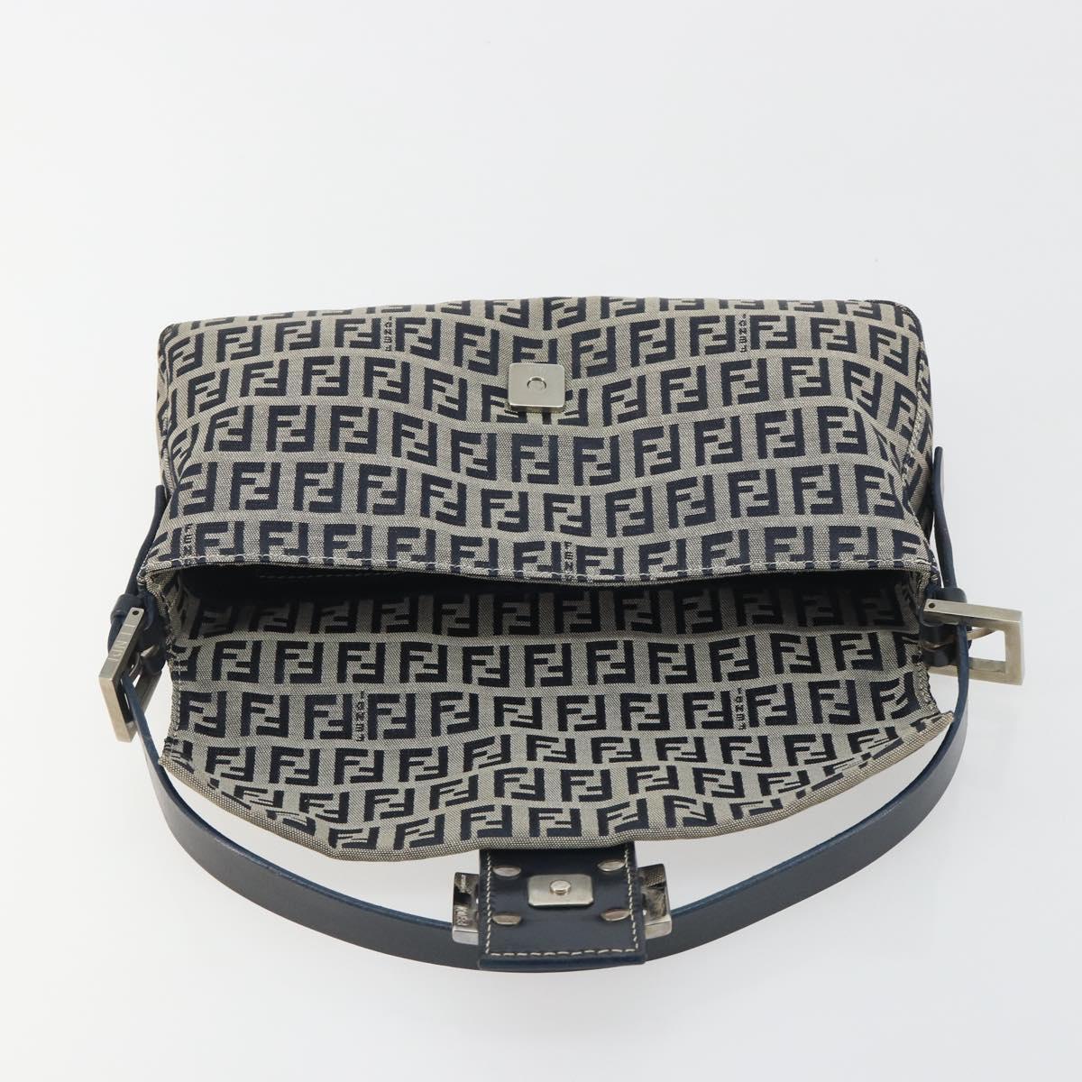 FENDI Zucchino Canvas Mamma Baguette Shoulder Bag Navy Silver Auth yk20655SAM