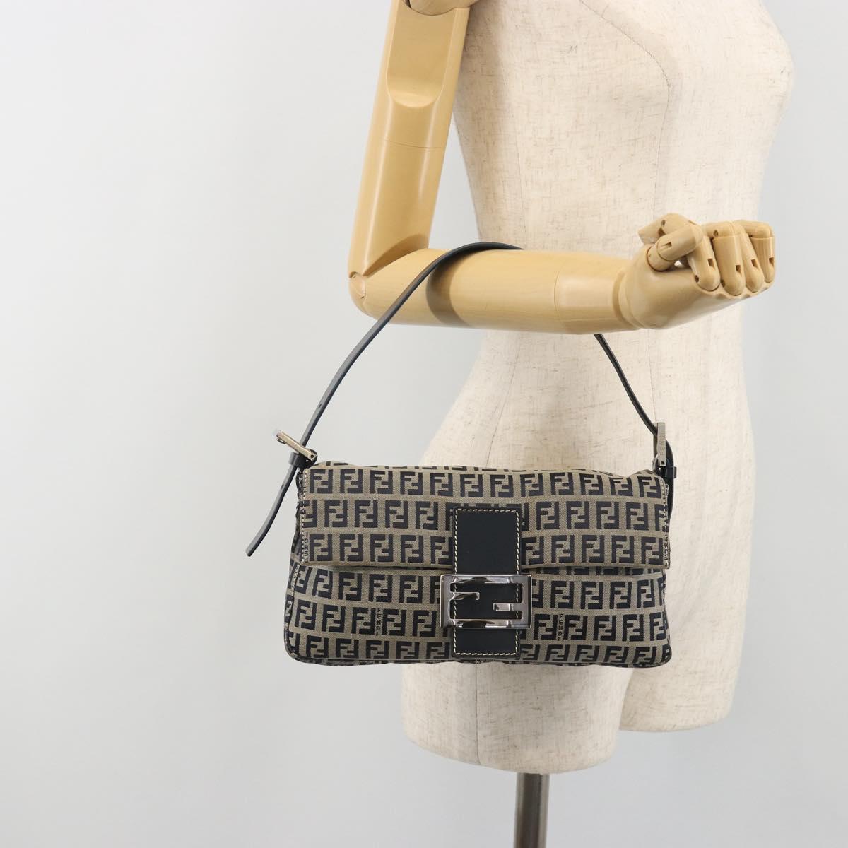 FENDI Zucchino Canvas Mamma Baguette Shoulder Bag Navy Silver Auth yk20655SAM