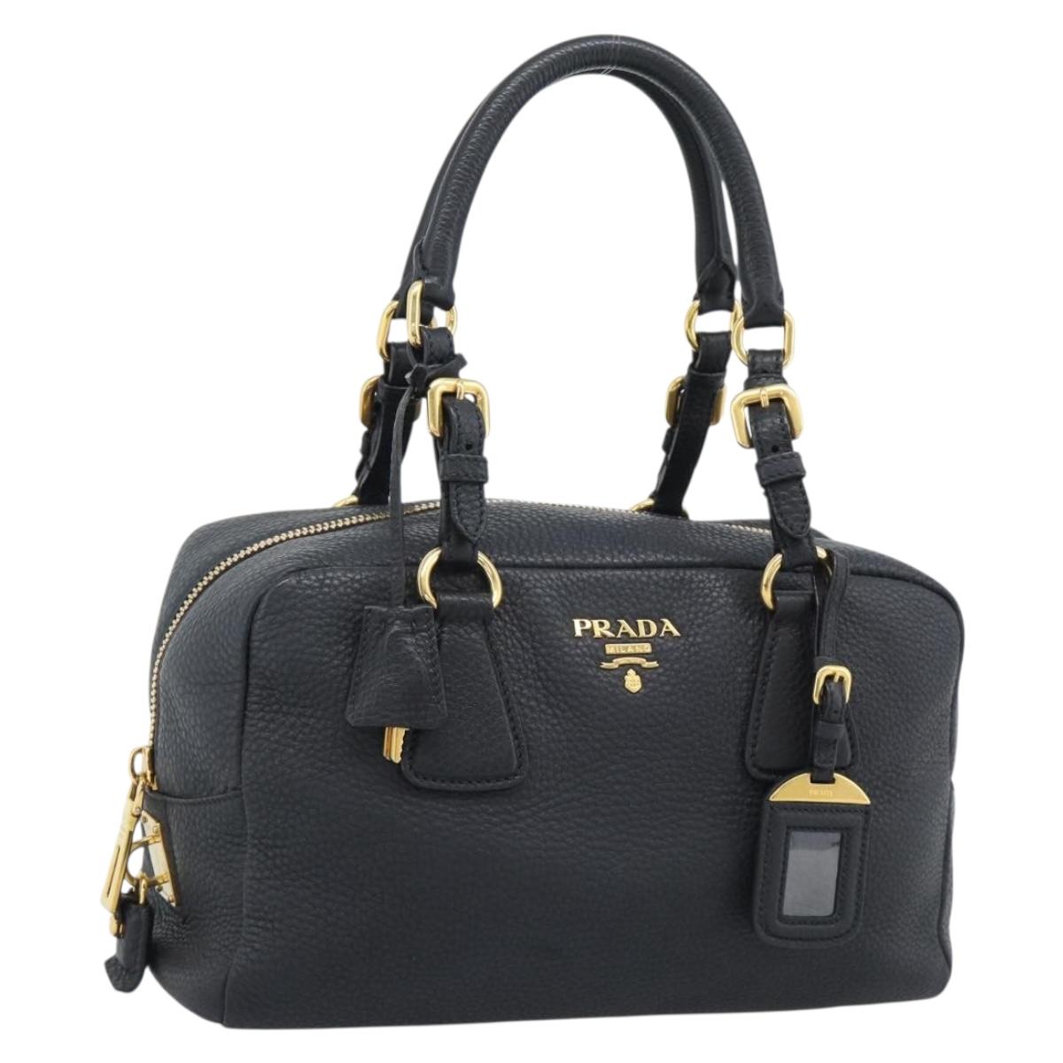 PRADA Hand Bag Leather Black Gold Tone Auth yk20656SAM