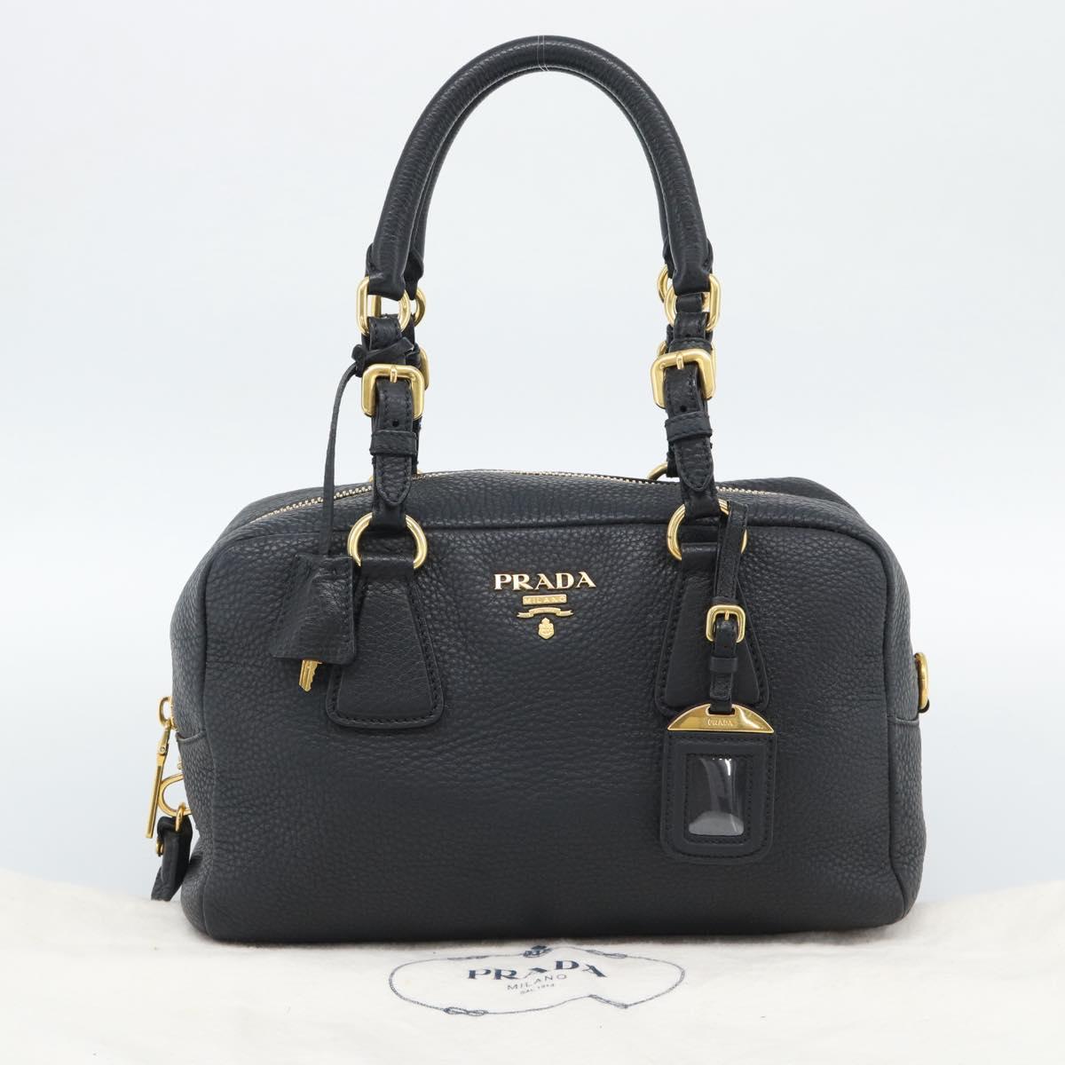 PRADA Hand Bag Leather Black Gold Tone Auth yk20656SAM