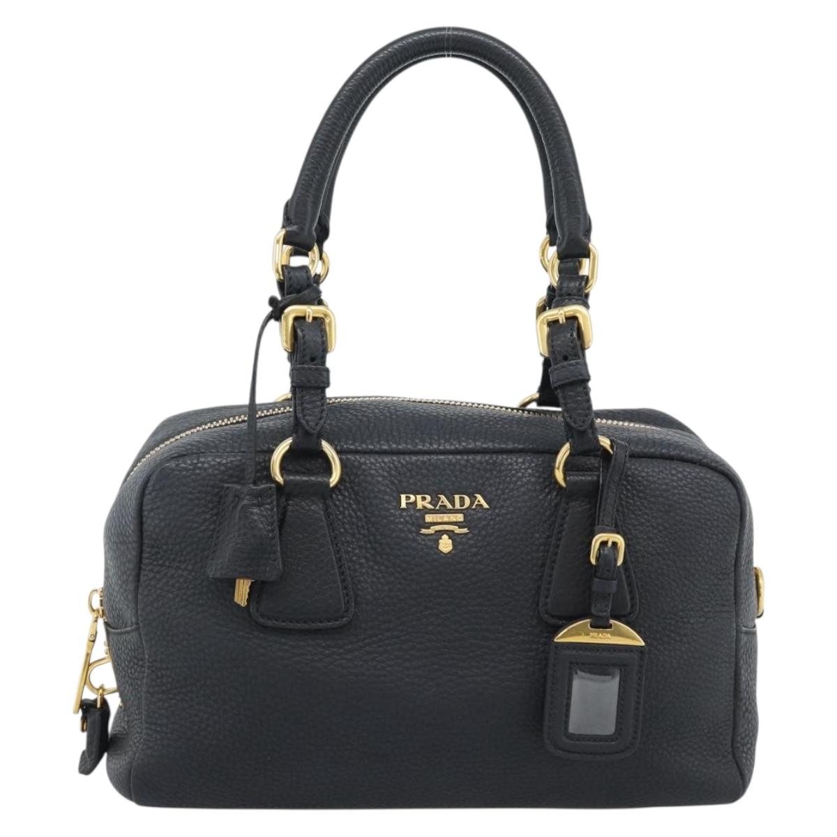 PRADA Hand Bag Leather Black Gold Tone Auth yk20656SAM