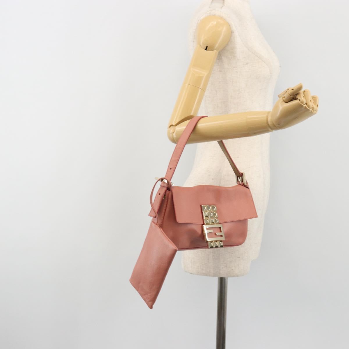 FENDI Studs Mamma Baguette Shoulder Bag Leather Pink Gold Tone Auth yk20664SAM