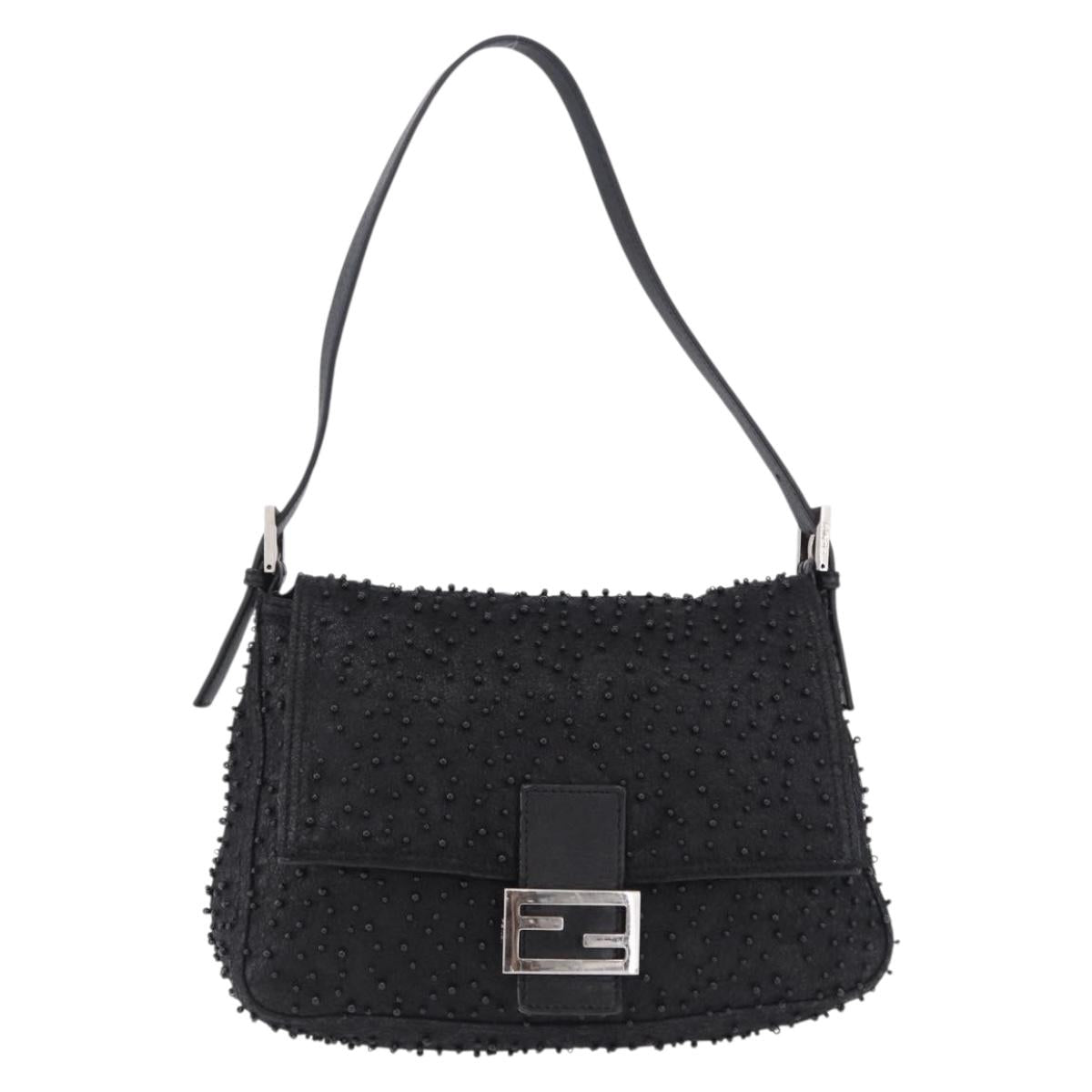 FENDI Mamma Baguette Bag Leather Beads Black Silver 8BR001 Auth yk20665SAM