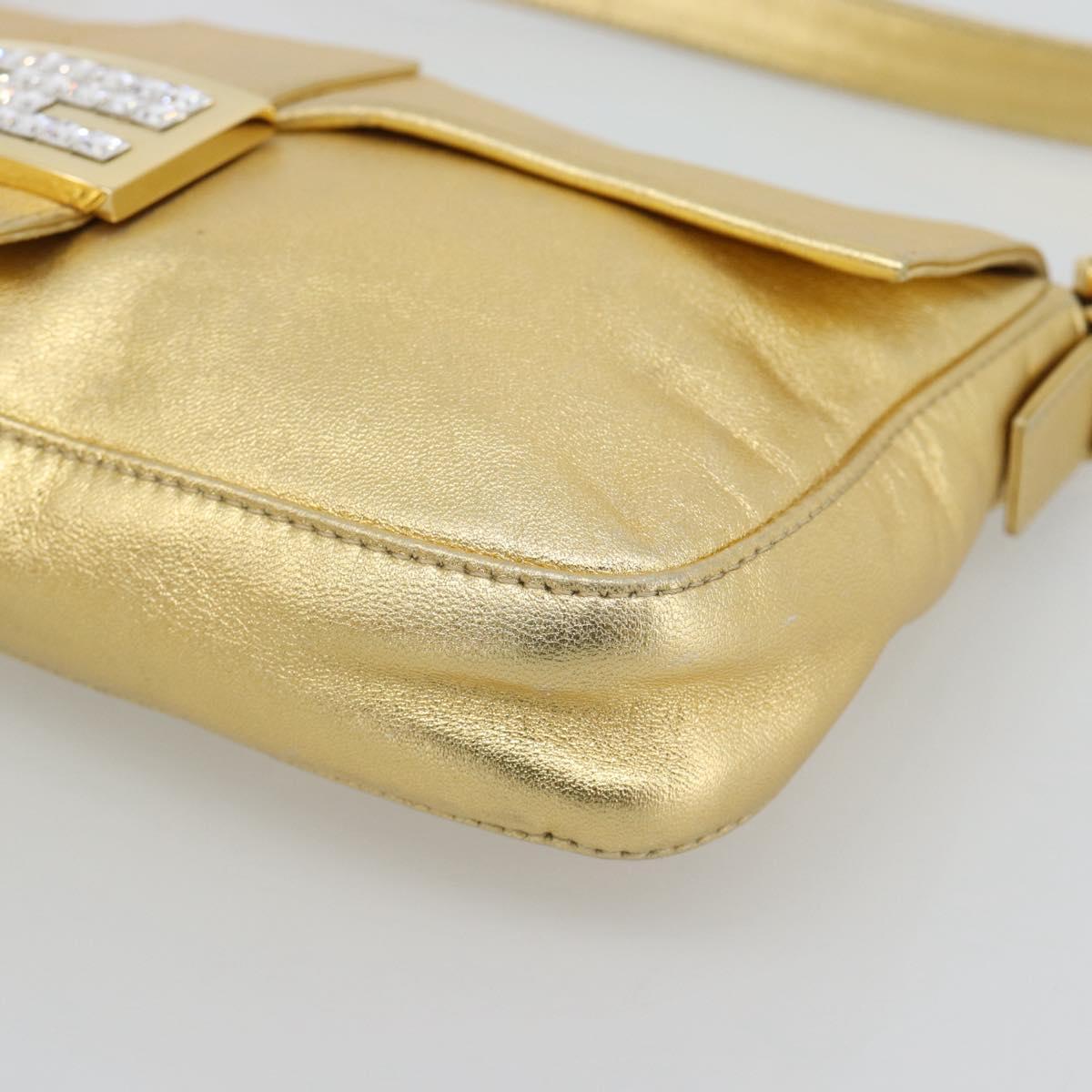 FENDI Rhinestone Mamma Baguette Shoulder Bag Leather Gold Tone Auth yk20666SAM