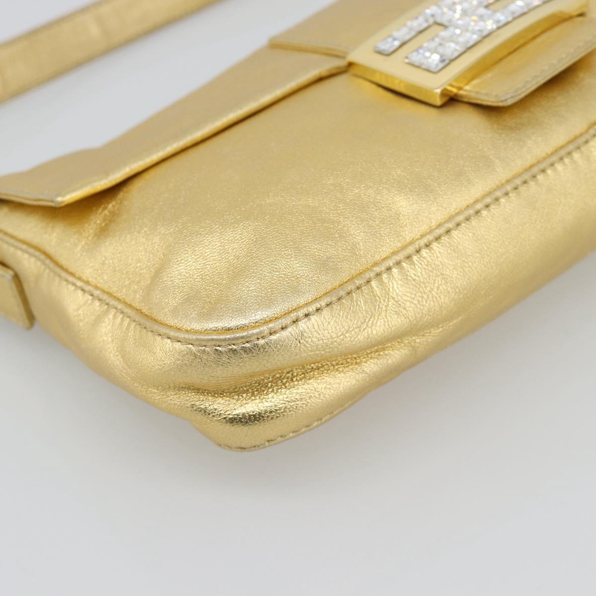 FENDI Rhinestone Mamma Baguette Shoulder Bag Leather Gold Tone Auth yk20666SAM
