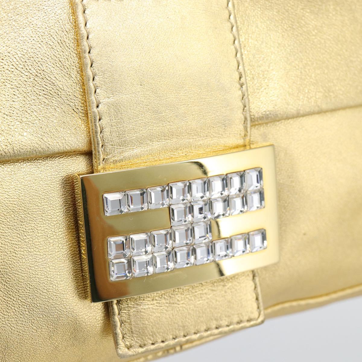 FENDI Rhinestone Mamma Baguette Shoulder Bag Leather Gold Tone Auth yk20666SAM