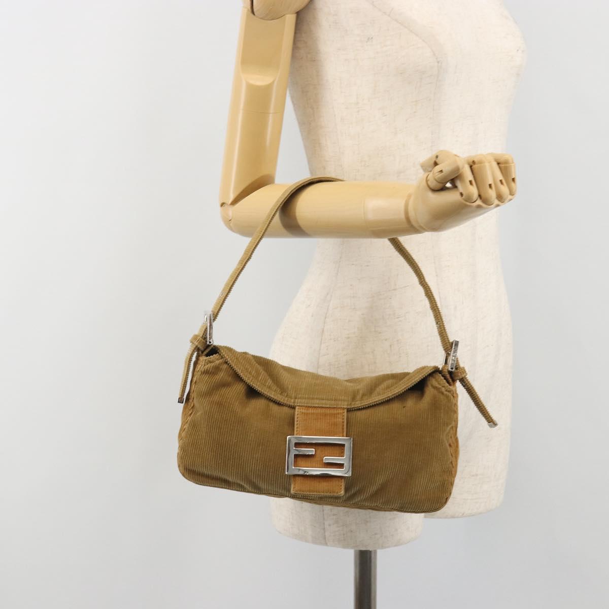 FENDI Mamma Baguette Shoulder Bag Corduroy Brown Silver Auth yk20667V