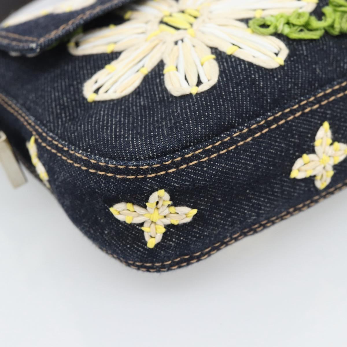 FENDI Flower Embroidery Mamma Baguette Shoulder Bag Denim Navy Auth yk20668SM