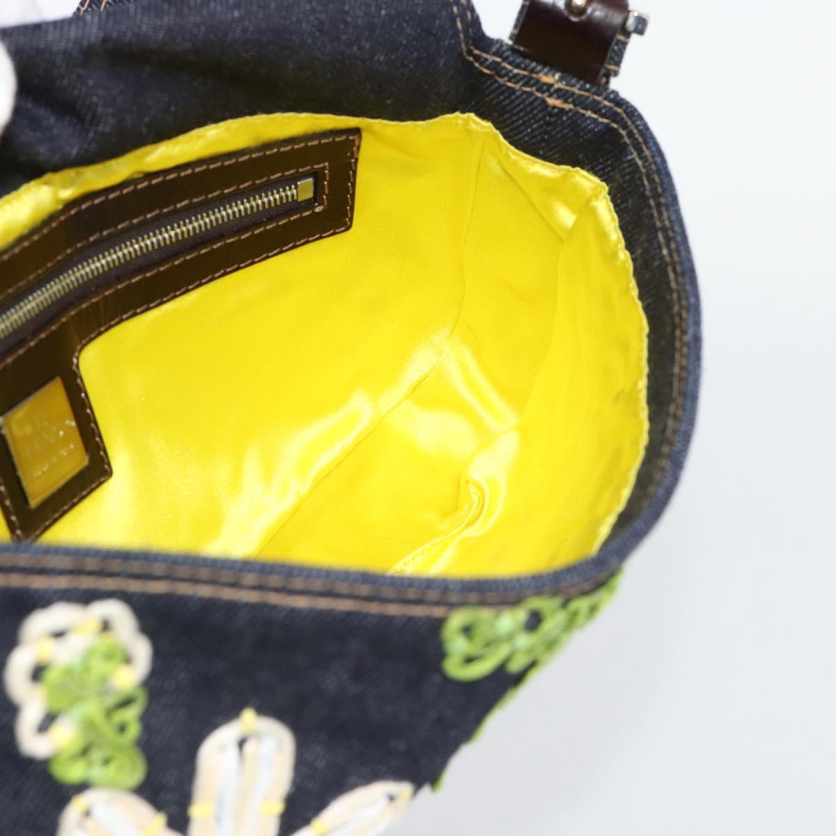 FENDI Flower Embroidery Mamma Baguette Shoulder Bag Denim Navy Auth yk20668SM